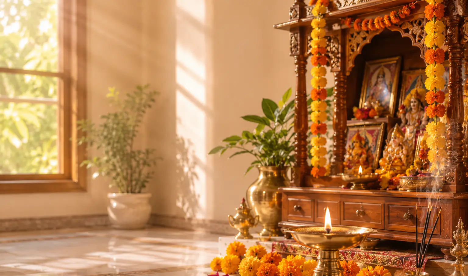 Traditional temple ritual illuminated by warm lamps